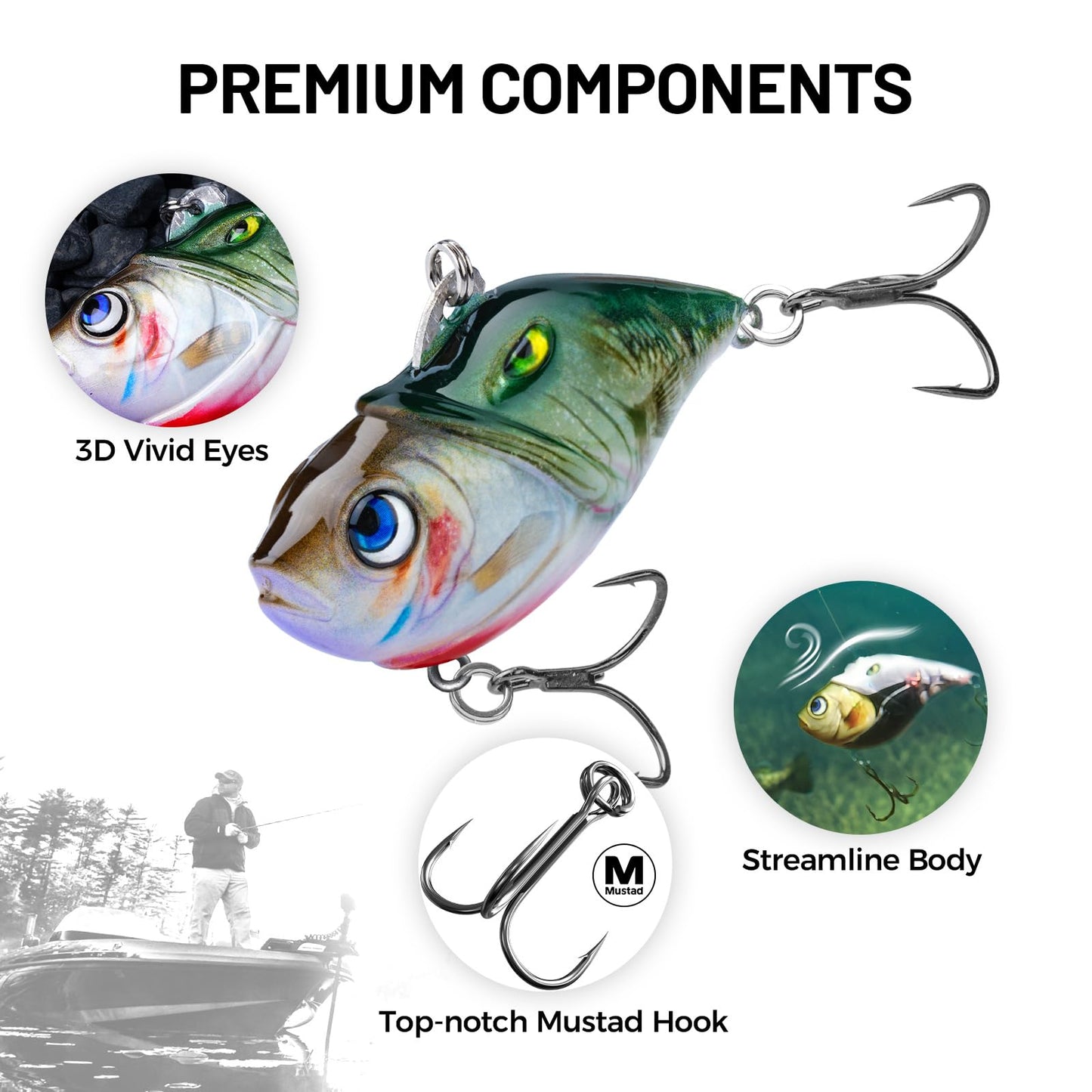 3PCS Rattling Lipless Crankbait, Bass Fishing Lure for Freshwater and Saltwater, Fast Sinking, Mustad Hook, Angler's Gift, for Crappie Trout, 3/8oz, 1/2oz and 1oz