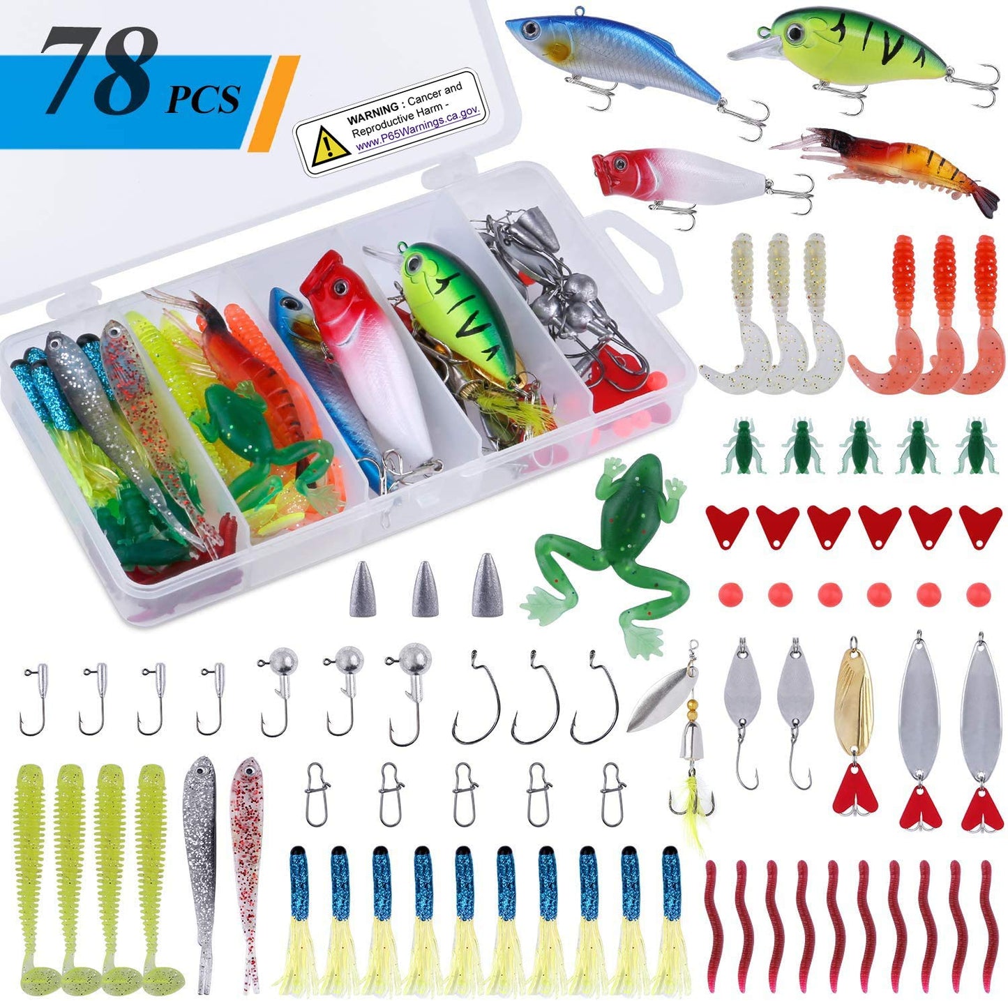 PLUSINNO 108pcs Fishing Accessories Kit, Fishing Tackle Box with Tackle Included, Fishing Hooks, Fishing Weights Sinkers, Spinner Blade, Fishing Gear for Bass, Bluegill, Crappie, Fishing