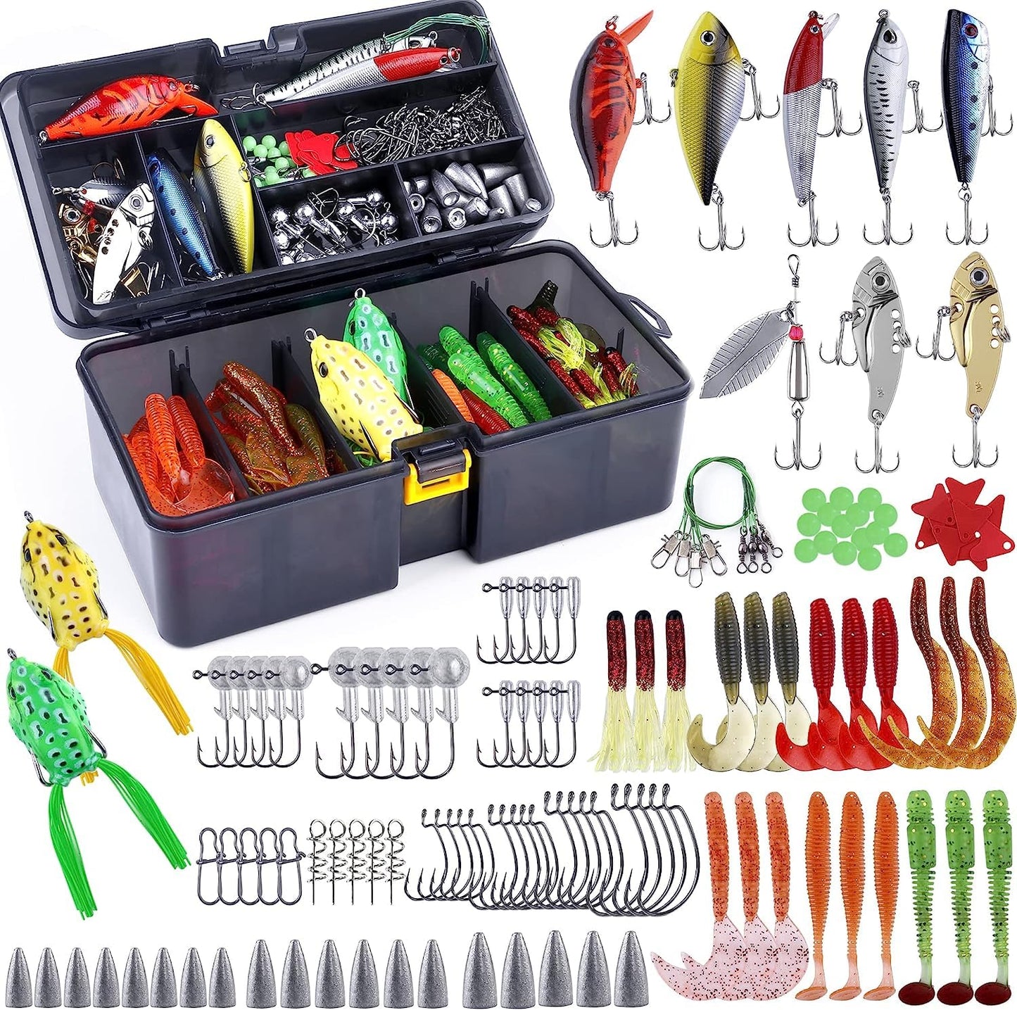 PLUSINNO 108pcs Fishing Accessories Kit, Fishing Tackle Box with Tackle Included, Fishing Hooks, Fishing Weights Sinkers, Spinner Blade, Fishing Gear for Bass, Bluegill, Crappie, Fishing