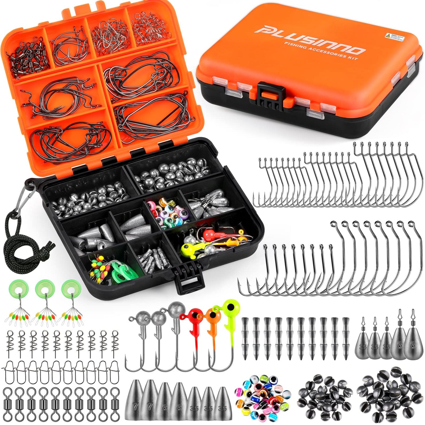 PLUSINNO 108pcs Fishing Accessories Kit, Fishing Tackle Box with Tackle Included, Fishing Hooks, Fishing Weights Sinkers, Spinner Blade, Fishing Gear for Bass, Bluegill, Crappie, Fishing