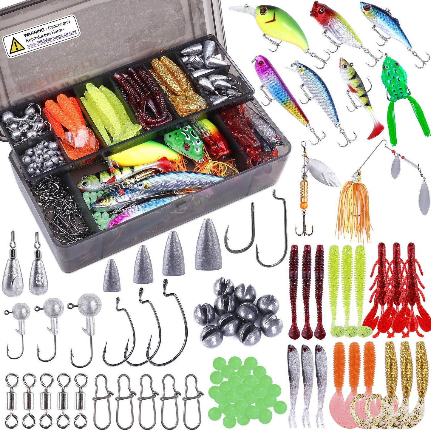 PLUSINNO 108pcs Fishing Accessories Kit, Fishing Tackle Box with Tackle Included, Fishing Hooks, Fishing Weights Sinkers, Spinner Blade, Fishing Gear for Bass, Bluegill, Crappie, Fishing