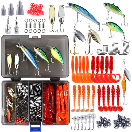 PLUSINNO 108pcs Fishing Accessories Kit, Fishing Tackle Box with Tackle Included, Fishing Hooks, Fishing Weights Sinkers, Spinner Blade, Fishing Gear for Bass, Bluegill, Crappie, Fishing