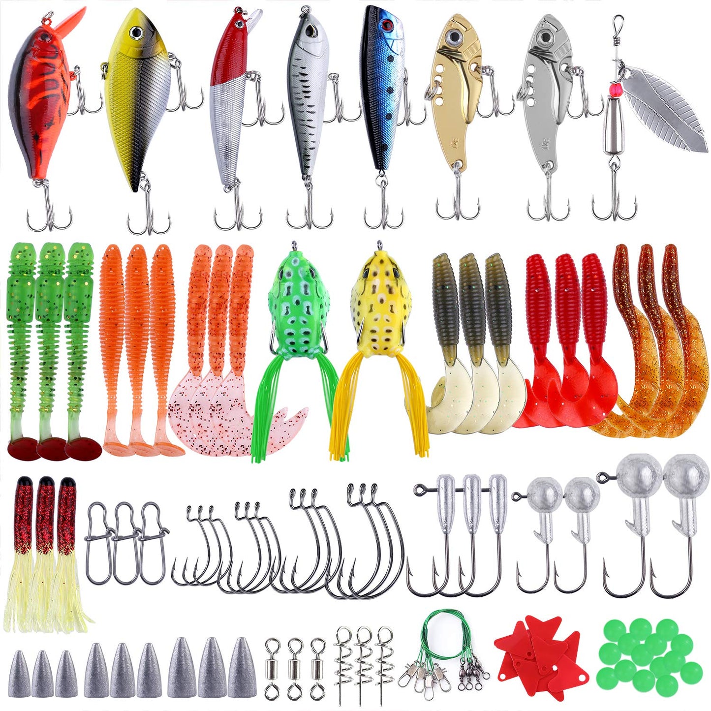 PLUSINNO 108pcs Fishing Accessories Kit, Fishing Tackle Box with Tackle Included, Fishing Hooks, Fishing Weights Sinkers, Spinner Blade, Fishing Gear for Bass, Bluegill, Crappie, Fishing