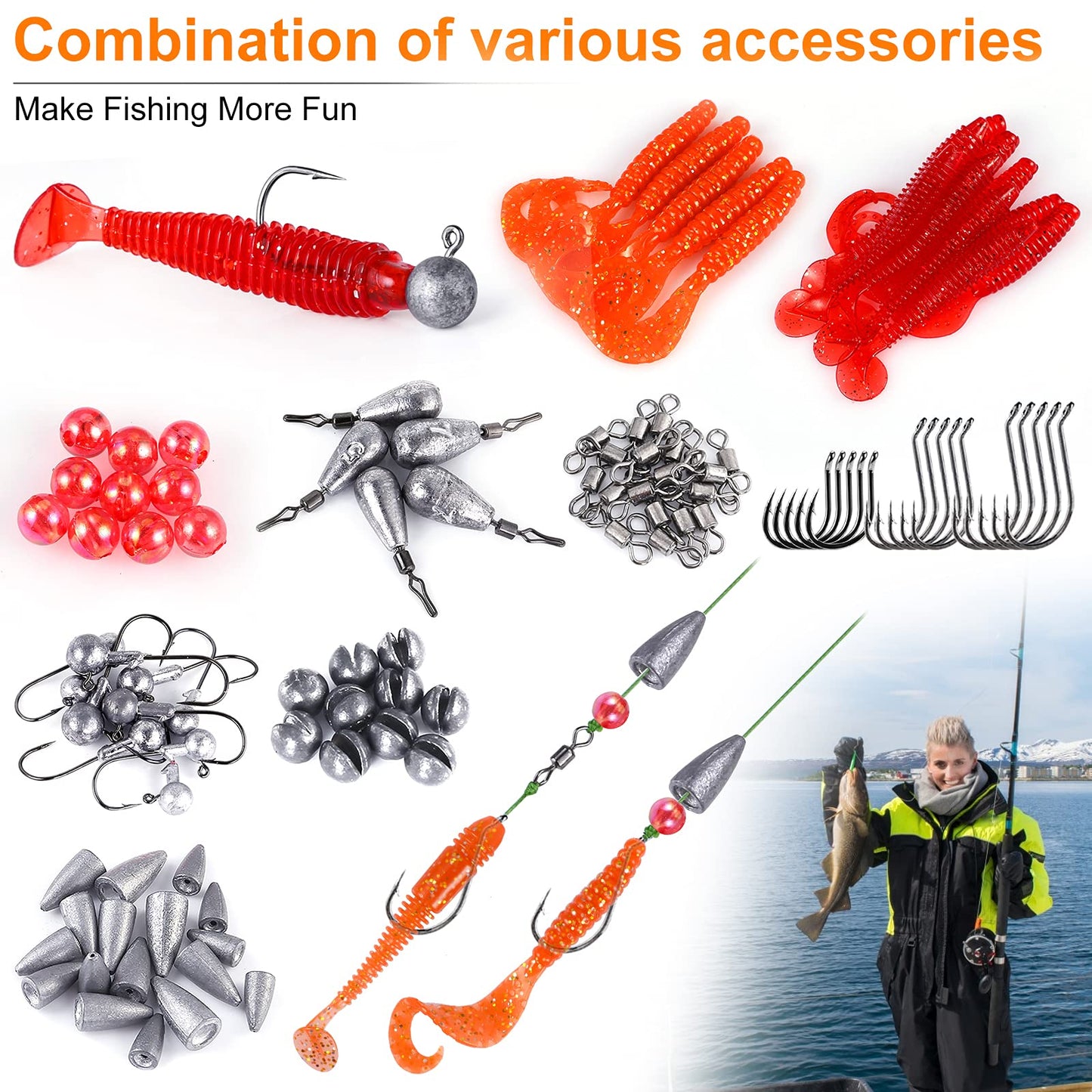 PLUSINNO 108pcs Fishing Accessories Kit, Fishing Tackle Box with Tackle Included, Fishing Hooks, Fishing Weights Sinkers, Spinner Blade, Fishing Gear for Bass, Bluegill, Crappie, Fishing