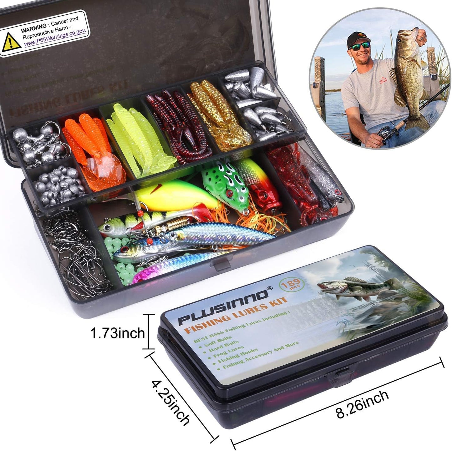 PLUSINNO 108pcs Fishing Accessories Kit, Fishing Tackle Box with Tackle Included, Fishing Hooks, Fishing Weights Sinkers, Spinner Blade, Fishing Gear for Bass, Bluegill, Crappie, Fishing