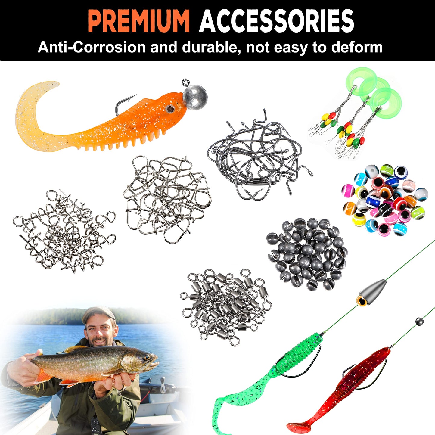 PLUSINNO 108pcs Fishing Accessories Kit, Fishing Tackle Box with Tackle Included, Fishing Hooks, Fishing Weights Sinkers, Spinner Blade, Fishing Gear for Bass, Bluegill, Crappie, Fishing