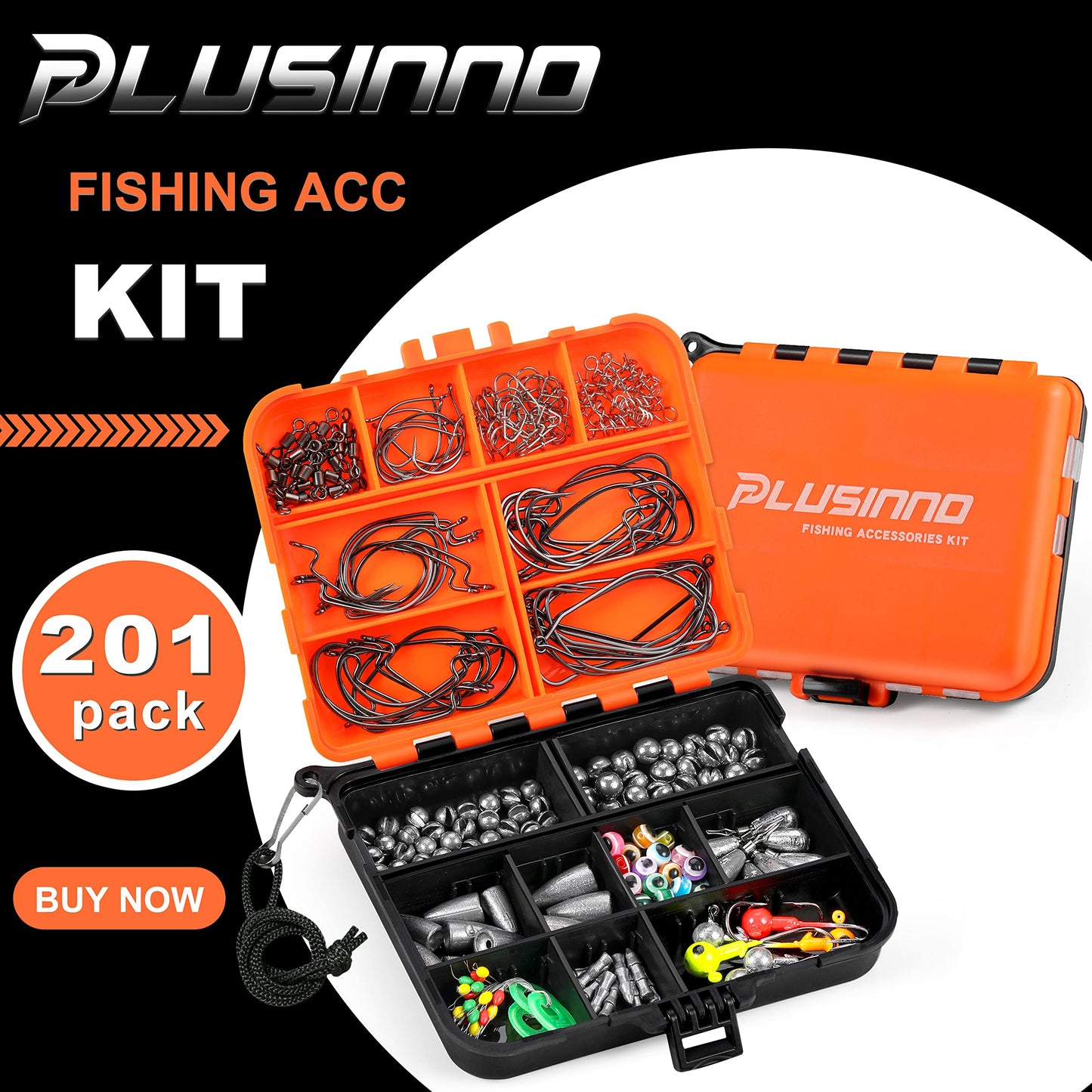 PLUSINNO 108pcs Fishing Accessories Kit, Fishing Tackle Box with Tackle Included, Fishing Hooks, Fishing Weights Sinkers, Spinner Blade, Fishing Gear for Bass, Bluegill, Crappie, Fishing