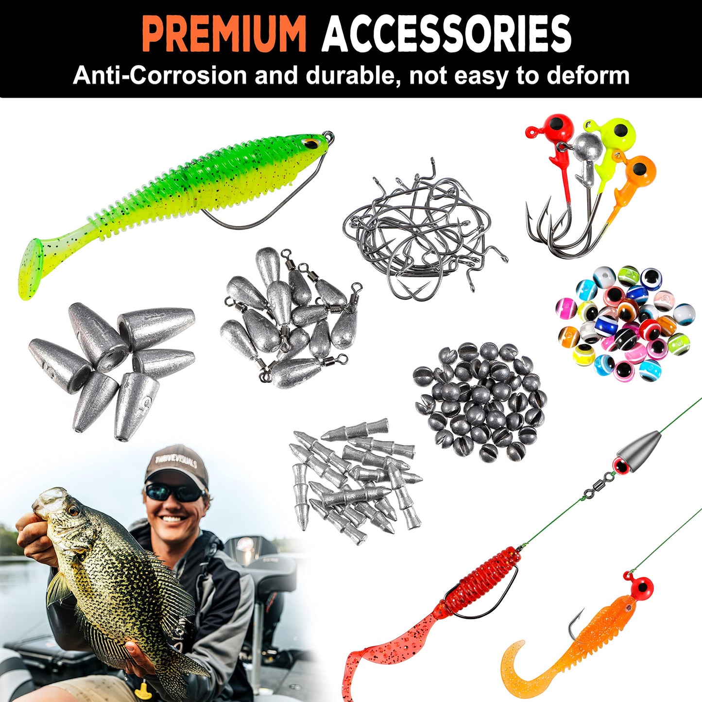 PLUSINNO 108pcs Fishing Accessories Kit, Fishing Tackle Box with Tackle Included, Fishing Hooks, Fishing Weights Sinkers, Spinner Blade, Fishing Gear for Bass, Bluegill, Crappie, Fishing